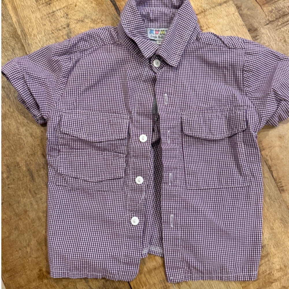 LSU Purple Gingham Tiger Embroidered Fishing Shirt 2T Short Slv